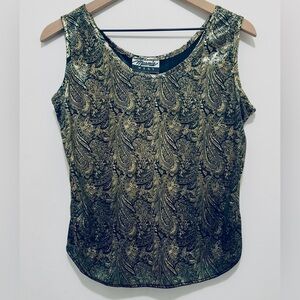 Marnie West Vintage 90’s Lamé Gold & Black Paisley Print Women’s Medium Top